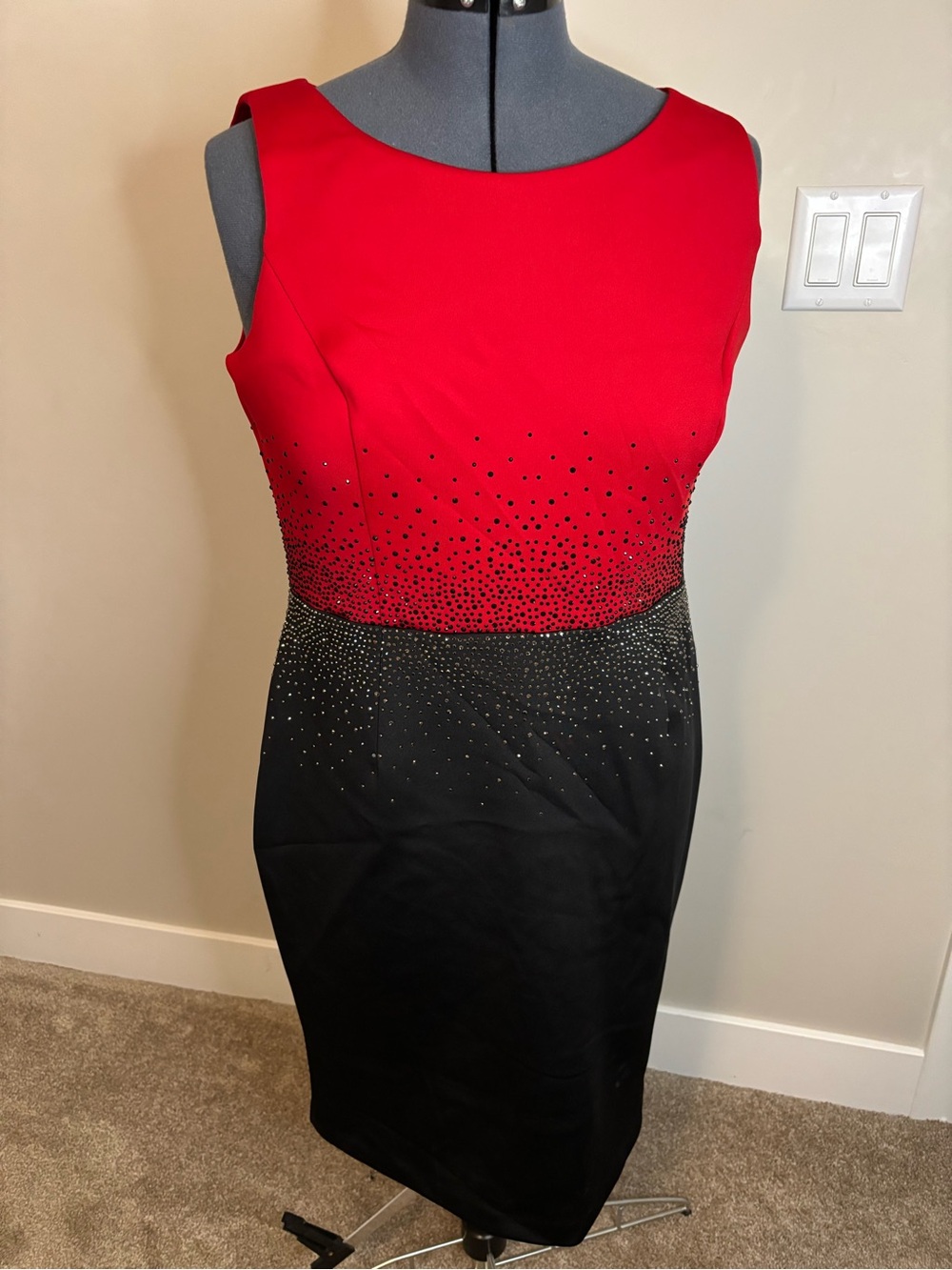 Calvin Klein Red and Black Sleeveless Sheath Dress with Rhinestones